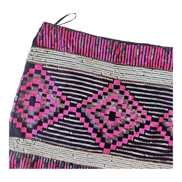 Forever 21 Women Mini Skirt SZ M Black-Pink Sequined-Side Zip Cocktail-Party Nig - Picture 2 of 9